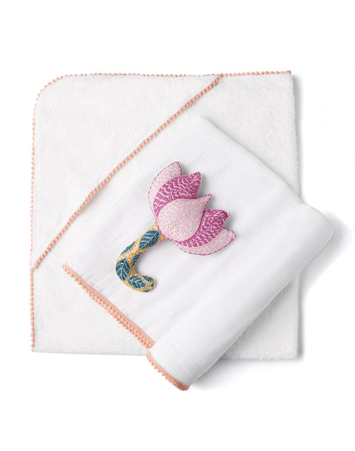 3 Pc Newborn Essential Set - Hooded Towel, Swaddle + Toy Rattle